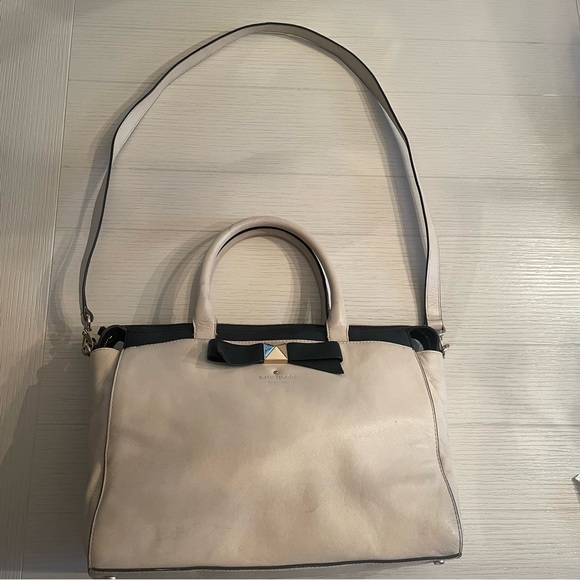 Kate Spade Pebbled Leather Satchel Shoulder Bag Black Nude Bow Purse - Picture 9 of 9